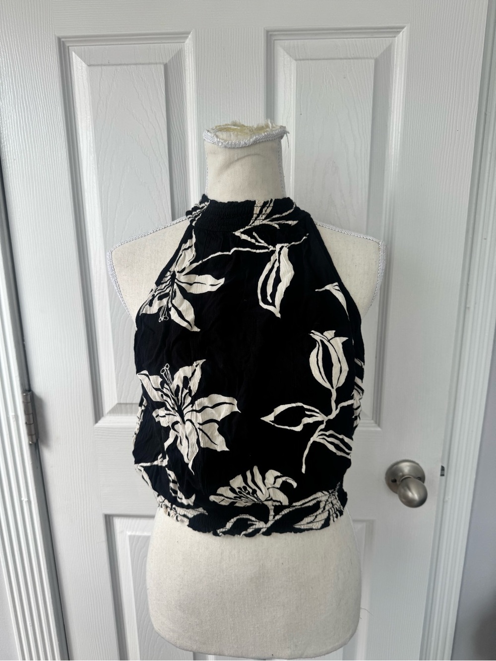 Angie Black Halter Crop Top with Cream Floral Pattern